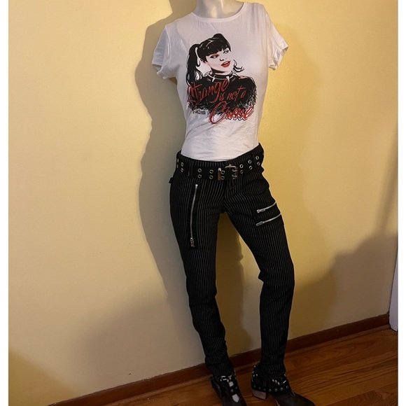 Classic Royal Bones black and white unisex pinstripe pants with zippers - Picture 4 of 9